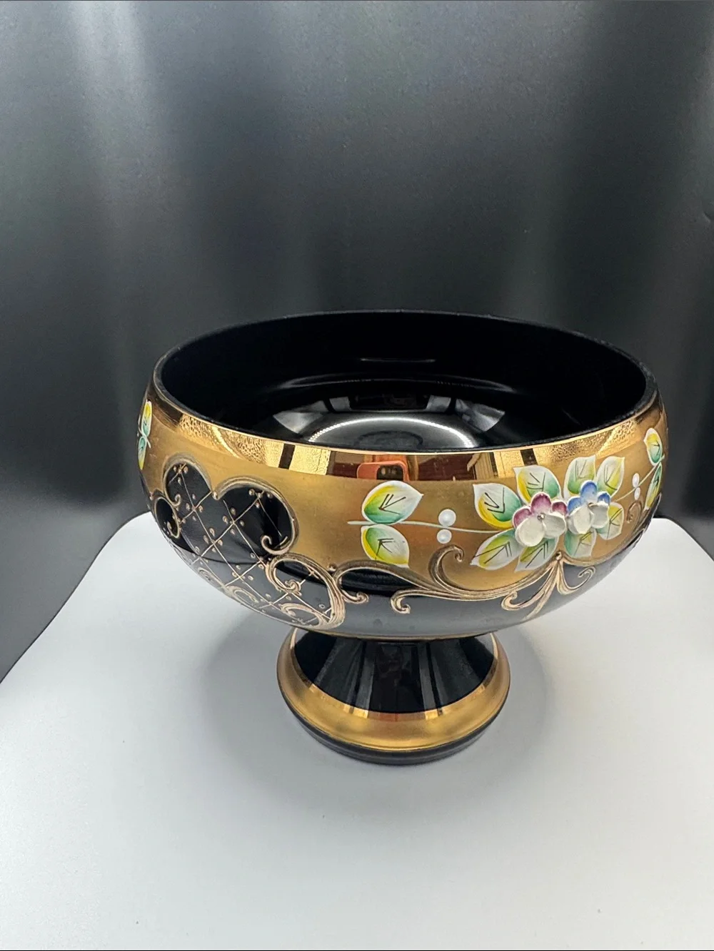 Hand-Painted Black and Gold Decorative Footed Bowl